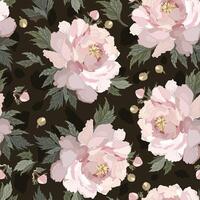 floral seamless pattern with soft pink peonies on dark green background vector