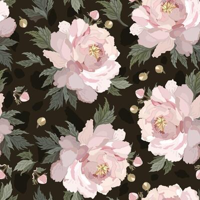 floral seamless pattern with soft pink peonies on dark green background