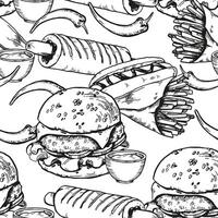 seamless pattern with fast food, burger, French fries in craft paper, garlic, sauce, pepper, hand drawn sketch of street food, black and white ink illustration isolated on white background vector