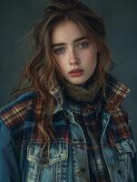 Young woman in Tartan shirt, denim jacket, electric blue hair, cool and stylish photo