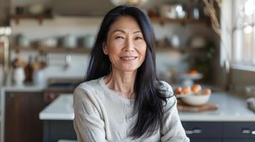 East Asian Middle-Aged Woman with Long Black Hair in Cozy Kitchen, Home Interior, Bright Morning Light photo