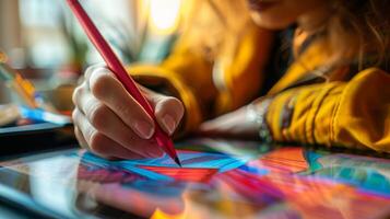 An artist is using a pencil on a tablet to create art photo