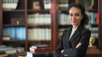 Confident Professional Woman in Business Attire Standing in a Library or Office Setting for Formal and Corporate Themes photo