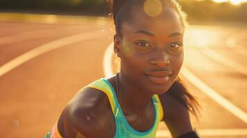 Happy athlete in active tank smiling on track during leisure run photo