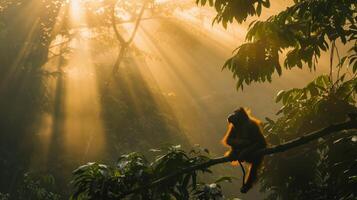 A monkey perched on a tree branch in a sunlit forest landscape photo