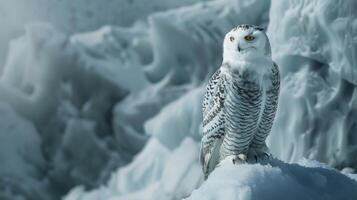 Snowy owl perched on snowy hill, majestic bird of prey in freezing temperatures photo