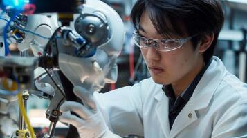 An engineer in glasses designs a robot at a science event photo