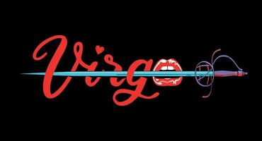 Virgo. T-shirt design of a sensual mouth biting a sword next to the word virgo with red letters and a small heart. vector