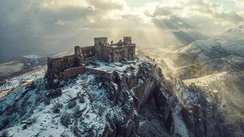 Fortress of Solitude. Winter's Hold on Ancient Ruins photo