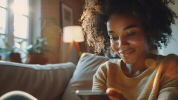 a woman is sitting on a couch looking at her cell phone photo