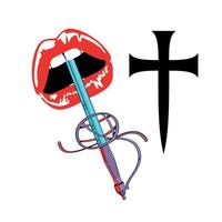 T-shirt design of a medieval cross next to a pair of lips and a sword. Sexy love. vector