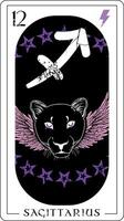 Sagitario. Sagitario zodíaco firmar tarjeta con con alas pantera cabeza y relámpago tornillo símbolo. vector