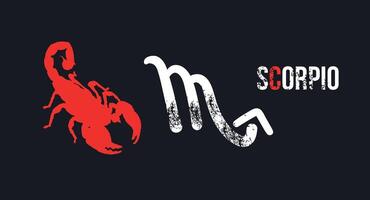 Scorpio. T-shirt design of the Scorpio symbol along with a red silhouette of the animal on a black background vector