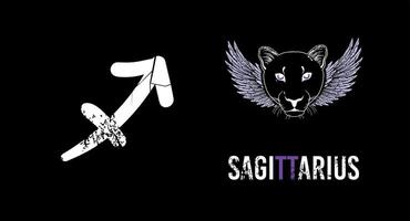 Sagittarius. T-shirt design of the sagittarius symbol along with a feline head with wings on a black background. vector