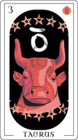 Tauro. diseño para un tarot tarjeta con un viejo estilo toro cabeza siguiente a el Tauro símbolo. vector