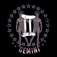 Gemini. T-shirt design of two ephebes next to the sign symbol and a circle of stars. vector