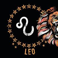 Leo. T-shirt design of the zodiac symbol next to a feline head in the dark. vector