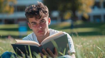 Happy young man sitting in the grass, leisurely reading a book for fun photo