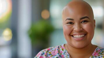 retrato de un De talla grande joven mujer con un calvo cabeza, confidente sonrisa, y floral camisa adentro foto