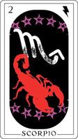 Scorpio. Design of a tarot card with a red scorpion and a black thunder symbol. vector