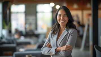 profesional mujer de negocios en moderno oficina espacio, sonriente con confianza, promoviendo lugar de trabajo diversidad y éxito foto