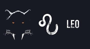 Leo. T-shirt design of the zodiac symbol next to a feline head in the dark. vector