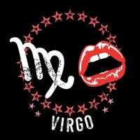 Virgo. T-shirt design of two sensual red lips and the Virgo symbol next to a circle of stars on a black background. vector