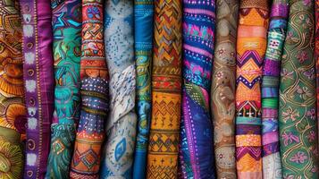 clasificado textiles en vibrante colores apilado para Arte publicación foto
