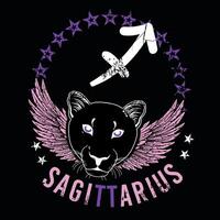 Sagittarius. T-shirt design of the sagittarius symbol along with a feline head with wings vector