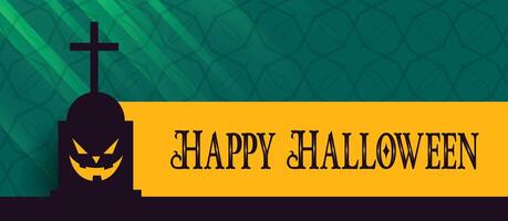 happy halloween banner with scary grave and laughing ghost face vector