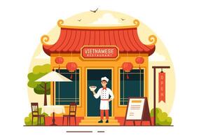 vietnamita comida restaurante ilustración de un menú presentando un colección de varios delicioso cocina platos en plano estilo dibujos animados antecedentes vector