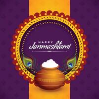 happy janmashtami greeting design with dahi and handi vector