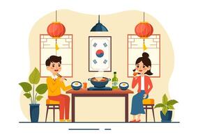 coreano comida ilustración presentando un conjunto menú de varios tradicional y delicioso nacional platos en un plano dibujos animados estilo antecedentes vector