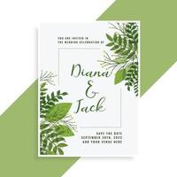 wedding invitation card design in floral green leaves style vector