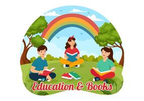 Education and Knowledge Books Illustration Featuring People Studying or Reading Books for Learning in a Flat Style Cartoon Background vector