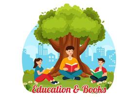 educación y conocimiento libros ilustración presentando personas estudiando o leyendo libros para aprendizaje en un plano estilo dibujos animados antecedentes vector