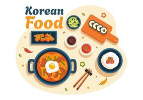 coreano comida ilustración presentando un conjunto menú de varios tradicional y delicioso nacional platos en un plano dibujos animados estilo antecedentes vector