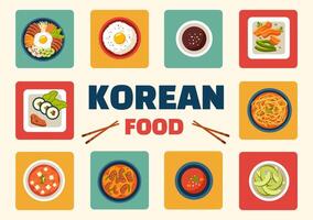 coreano comida ilustración presentando un conjunto menú de varios tradicional y delicioso nacional platos en un plano dibujos animados estilo antecedentes vector