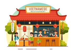 vietnamita comida restaurante ilustración de un menú presentando un colección de varios delicioso cocina platos en plano estilo dibujos animados antecedentes vector