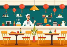 vietnamita comida restaurante ilustración de un menú presentando un colección de varios delicioso cocina platos en plano estilo dibujos animados antecedentes vector