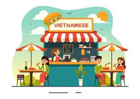 vietnamita comida restaurante ilustración de un menú presentando un colección de varios delicioso cocina platos en plano estilo dibujos animados antecedentes vector