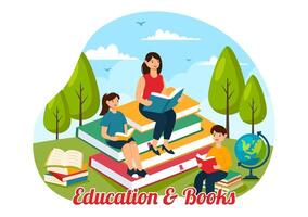 Education and Knowledge Books Illustration Featuring People Studying or Reading Books for Learning in a Flat Style Cartoon Background vector