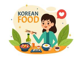 coreano comida ilustración presentando un conjunto menú de varios tradicional y delicioso nacional platos en un plano dibujos animados estilo antecedentes vector