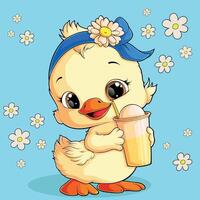 HandDrawn Comic Duck Cute Funny Duck with Blue Bandana Drinking Juice vector