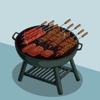 Hand Drawn Comic Barbecue Grill with Various Grilled Meat vector