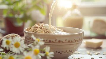 Fresh Milk Pouring Over Nutritious Oats photo