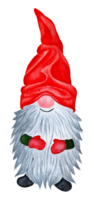 A cheerful gnome in a bright cap and red gloves with a long gray beard. Watercolor illustration of cartoon Christmas gnome. Isolated. Drawn by hand. png