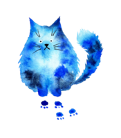 Watercolor illustration of a spot in the shape of a cat with blue stains. Blot cat silhouette with traced eyes, nose and mouth isolated. Drawn by hand. png