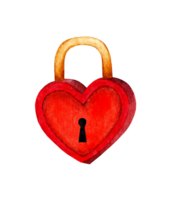 Watercolor illustration of a heart shaped lock crane. Closed lock in cartoon style. Happy Valentine's Day, love, dating, wedding concept. Isolated. Drawn by hand. png