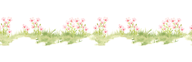 Clearing with pink flowers pattern horizontal element of watercolor illustration of natural landscape. Forest wildlife scene with herbs, flowers, vegetation. Compose compositions on a theme. png